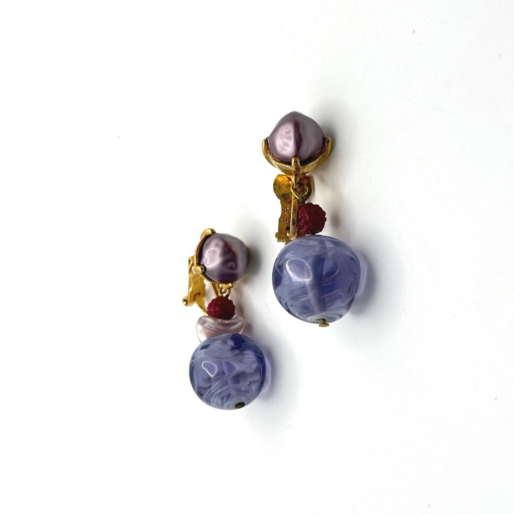 Schiaparelli Vintage Clip On Drop Earrings Purple Art Glass Faux Pearl Gold Tone